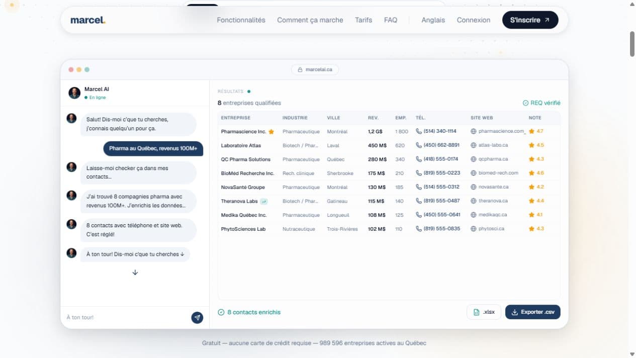 Current Marcel marketing demo: a French search conversation beside a table of example business records, contact fields and CSV/Excel exports.