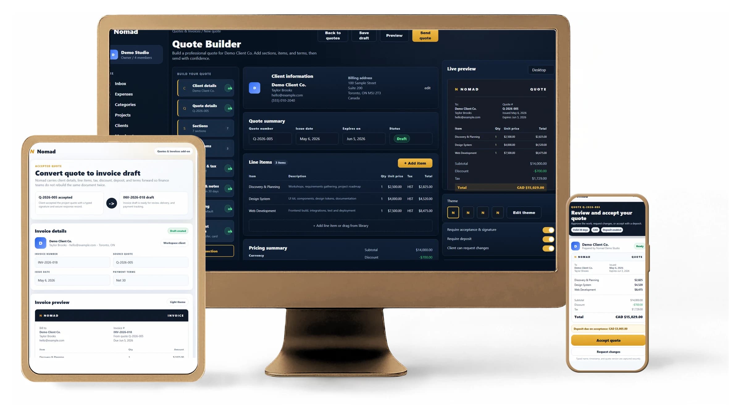 Nomad quote builder, quote-to-invoice conversion and client quote review, shown in English with demonstration data.