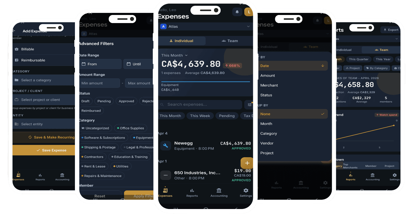 Five Nomad Finance mobile screens: adding an expense, filters, a monthly summary, sorting and team reports.
