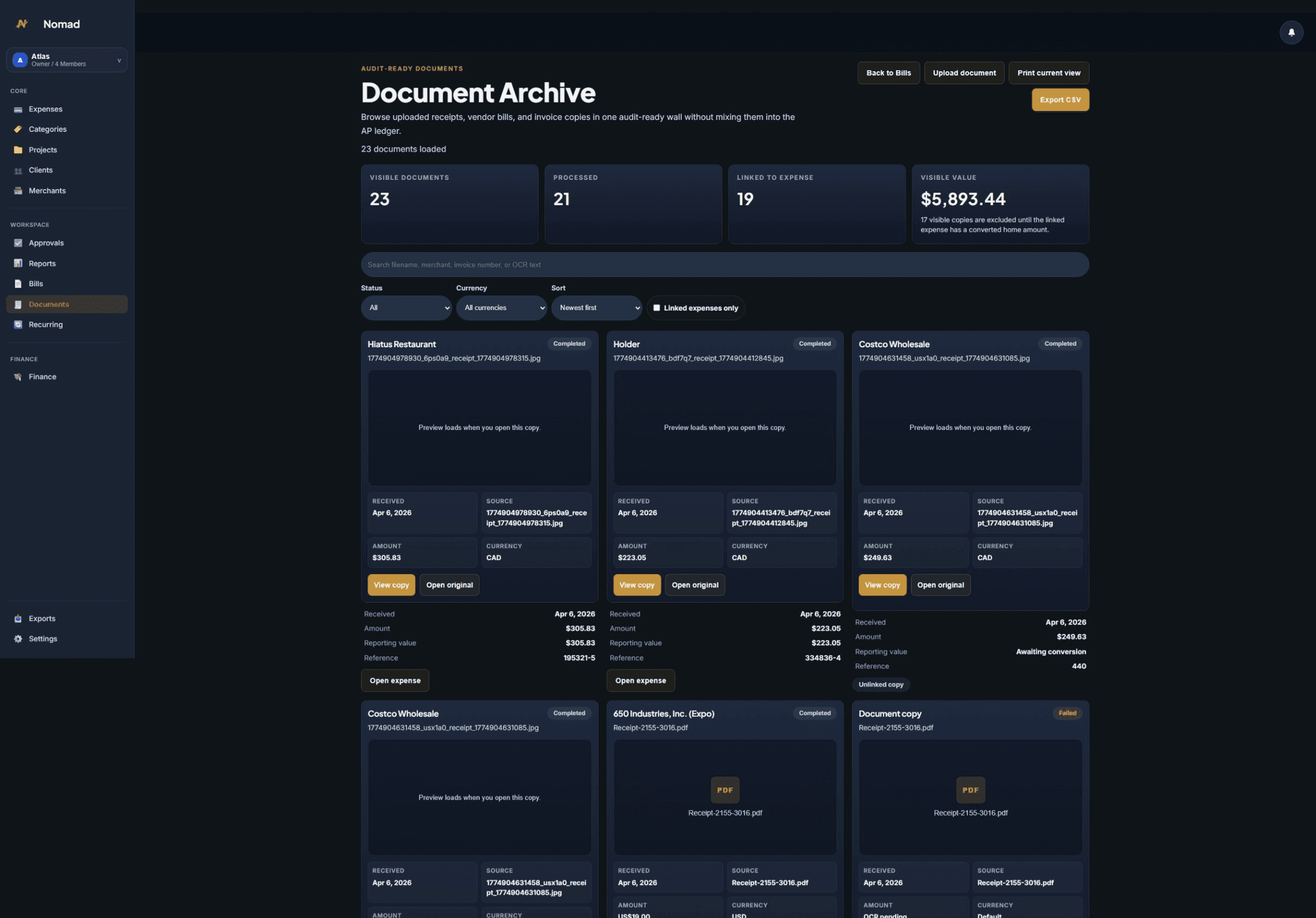 Nomad Finance document archive: receipts processed with OCR and linked to expenses.