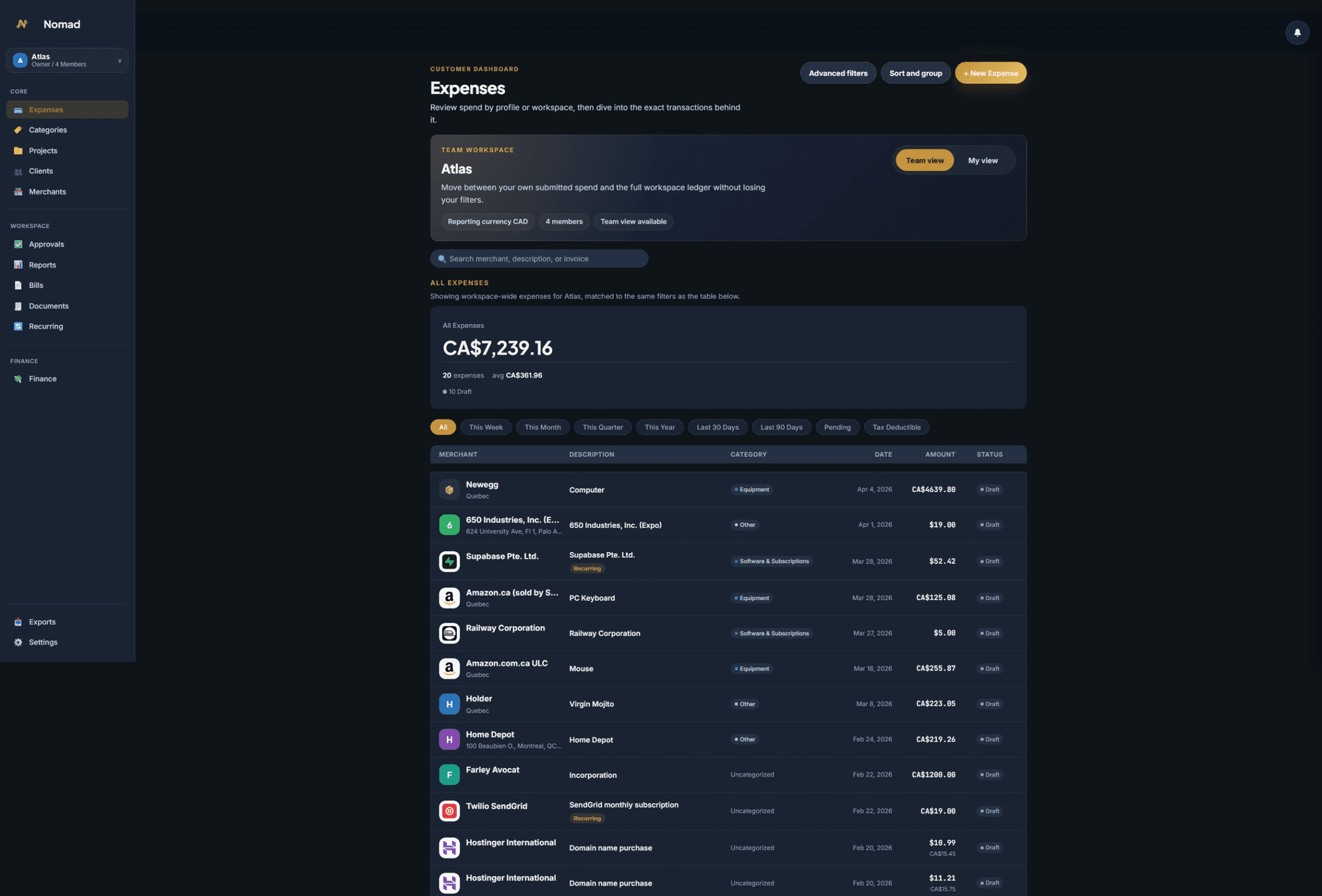 Interface de gestion des dépenses de Nomad Finance, un produit Artek Nexus.